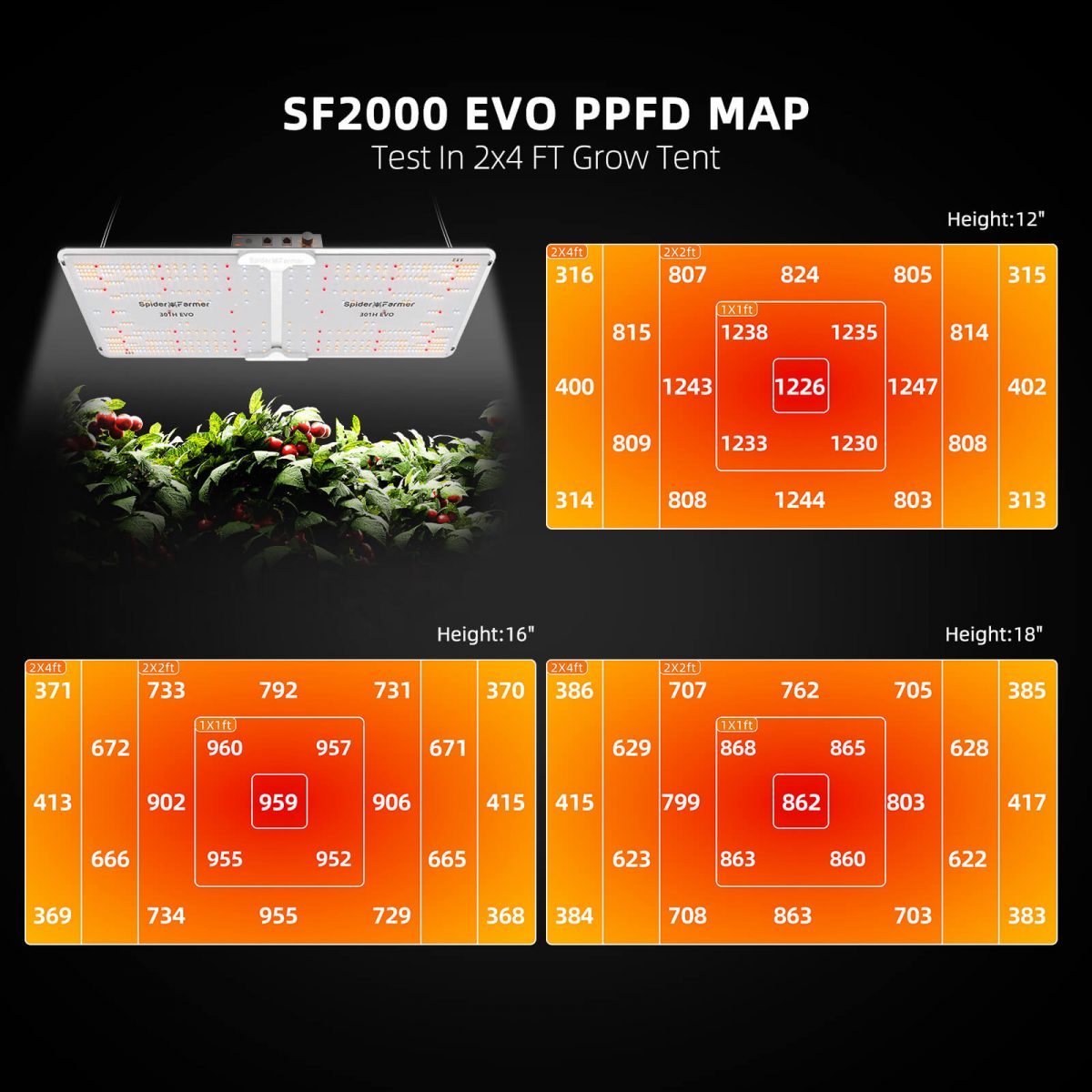 Spider Farmer EVO SF2000 LED Grow Light PPFD Chart - Optimal Light Distribution for Indoor Plant Growth