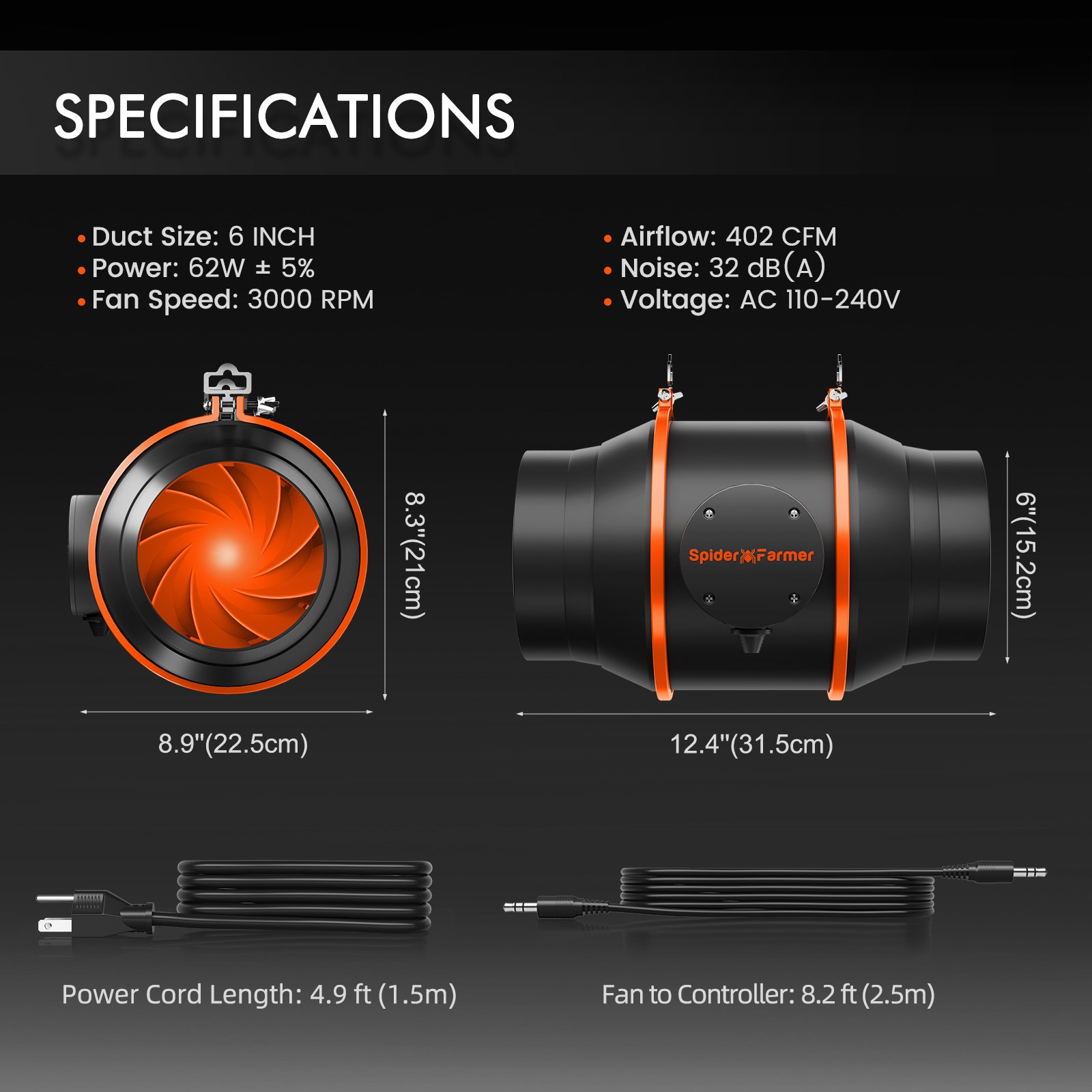 Size comparison of 6-inch inline fan for indoor grow room ventilation
