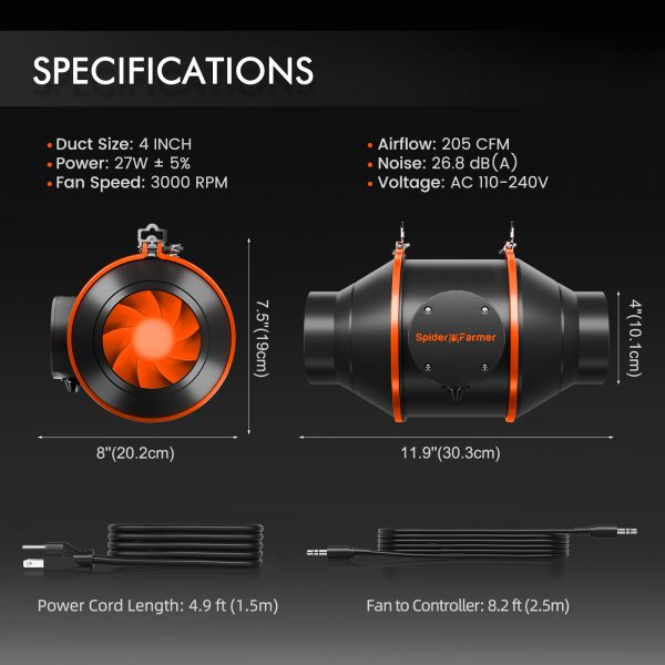 Specification details of 4-inch inline fan by Spider Farmer