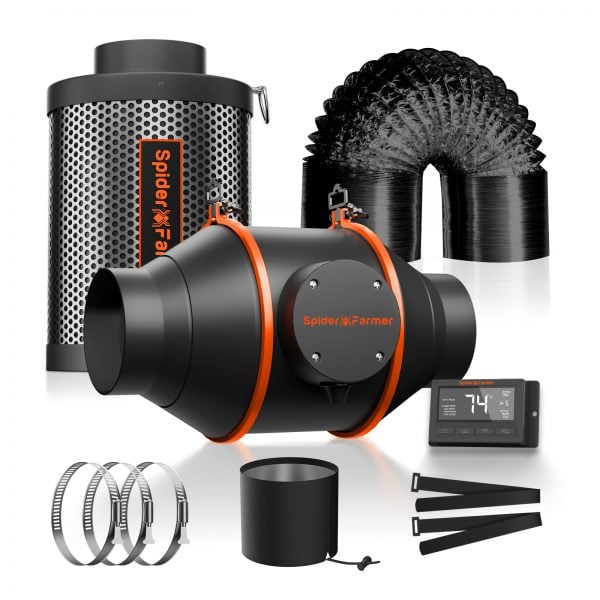 Programmable 4-inch inline fan kit for efficient indoor ventilation by Spider Farmer
