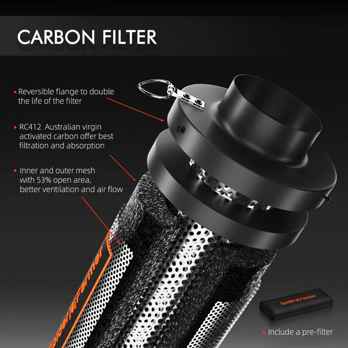 Carbon filter for effective indoor air purification by Spider Farmer