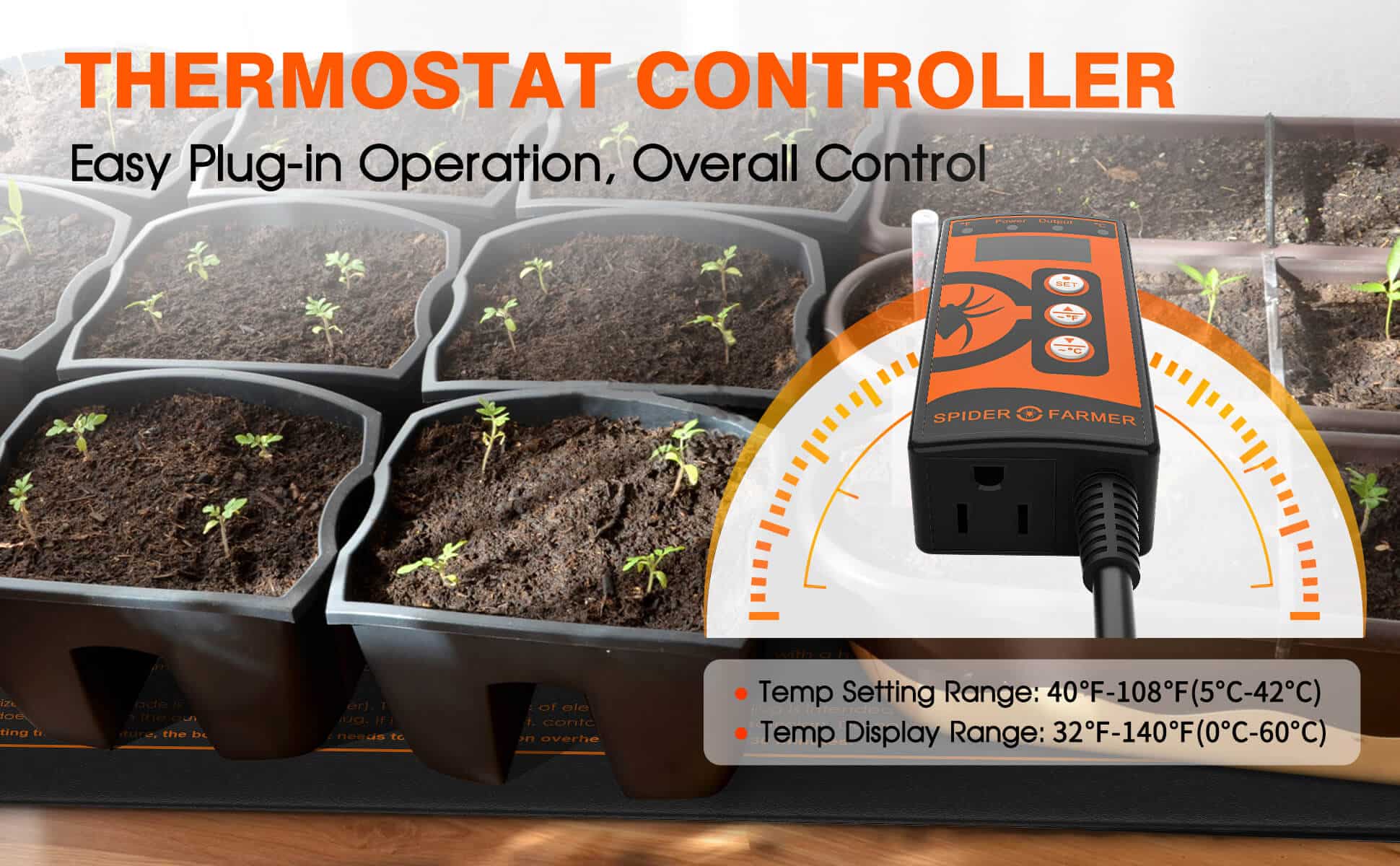 Spider Farmer® seedling heat mat 10" X 20.75" thermostat controller