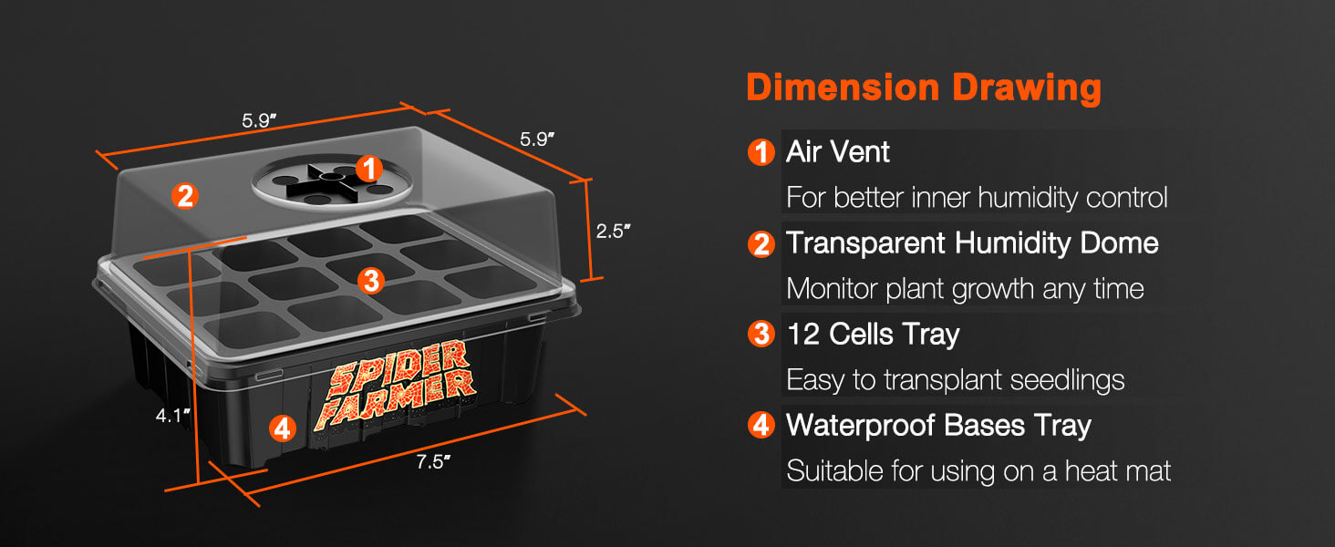 Spider Farmer® seed starting trays dimension drawing