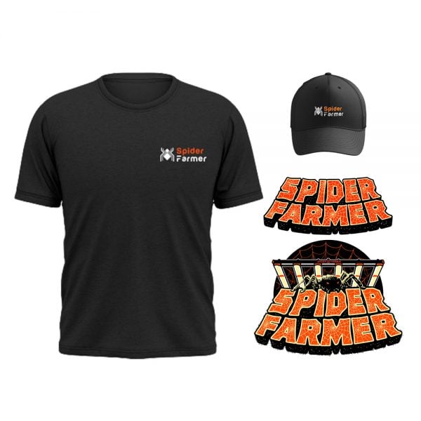 Spider Farmer branded merchandise including T-shirt, hat, and sticker