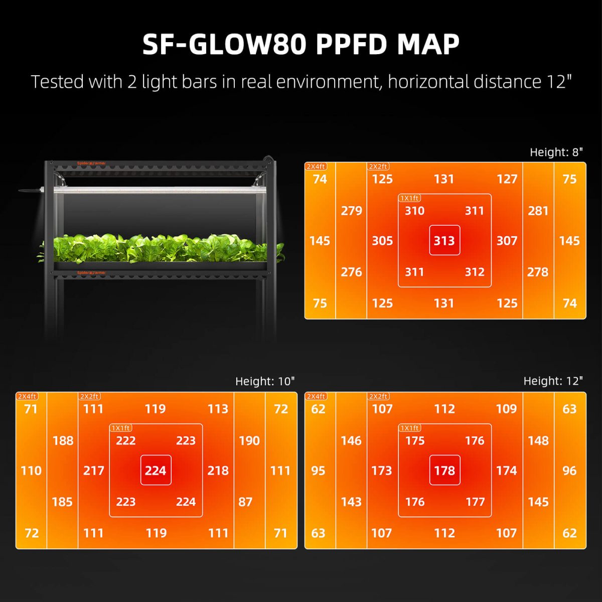PPFD map of Spider Farmer Glow80 80W grow light, illustrating light distribution for optimal indoor plant growth.