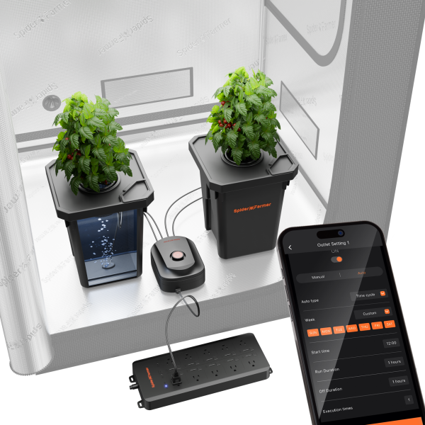 Spider Farmer DWC Hydroponic Growing System with Top Drip Kit, 7-Gallon Deep Water Culture, 2-Bucket Setup, and GGS AC10 Power Strip Kit for Smart Watering Control
